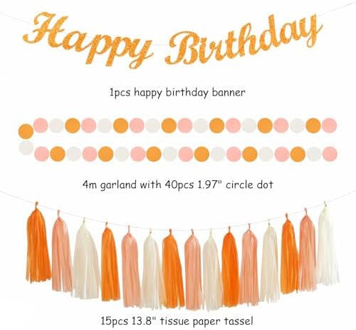 Orange-Peach Beige First Happy-Birthday Party-Decorations - 31pcs 20th Women Girls Bohemian Groovy Paper Lanterns Streamers Banner,Tissue Pom Poms Decor,Fall Boho Fans Tassels Graland Backdrop Hugmoon - Image 3