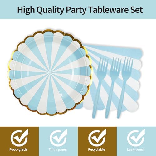72PCS Blue Paper Plates and Napkins Party Supplies, Gold Foil Edge Scalloped Striped Paper Plates Napkins Disposable Tableware Set for Birthday Wedding Baby Shower Party Decoration (Blue) - Image 3