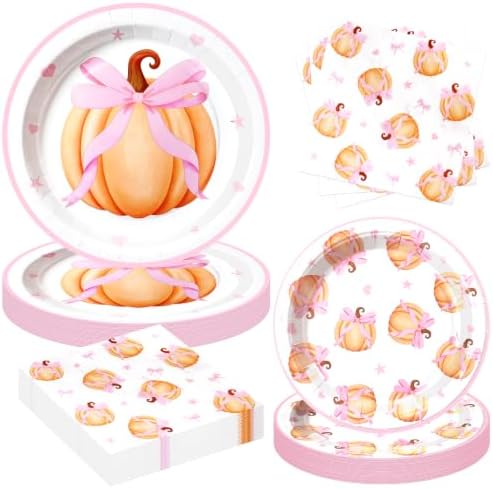 60 Pcs Pink Bow Pumpkin Paper Plates and Napkins Sets,Serves 20 by Unknown