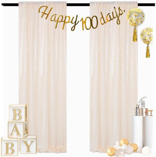 ShinyBeauty Ivory Sequin Backdrop 2 Pieces Photograph Backdrops 7FTx7FT Beige Backdrop Curtains Panels Sparkly Background Glitter Curtain for Wedding,Party,Baby Shower Backgrounds by ShinyBeauty
