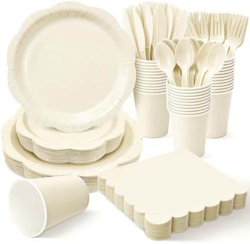 Ivory Party Supplies for 25 Guests, 175 Pcs Elegant Paper Plates and Napkins Set with Cups, Knives, Forks & Spoons, Thickened Decagonal Plates for Bridal Shower Engagement Garden Party by Unknown