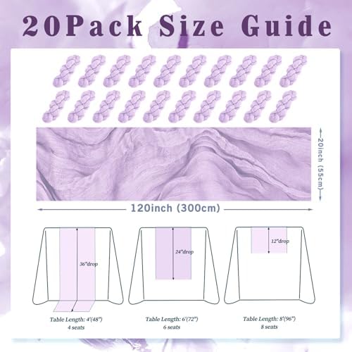 20 Pack Lilac Cheesecloth Table Runner 10FT Rustic Gauze Cheese Cloth Table Runner for Wedding 20 x 120 Inch Long Bridal Baby Shower Table Decor Boho Fabric Sheer Birthday Party Table Decorations - Image 2