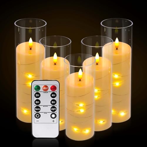Pack of 5 (D2.2 X H 5" 6" 7") Ivory Flickering Flameless Candles Battery Operated with Remote, LED Pillar Candles with Realistic Moving Wick for Halloween, Christmas, Home Decor. - Image 3