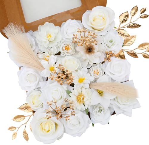 Floweroyal Artificial Flowers Combo Pure White Flowers Mix Silk Flowers Fake Roses with Stems for DIY Wedding Bridal Bouquets, Baby Shower, Floral Arrangement, Table Centerpieces, Home Decorations. by FloweroyalCrafts
