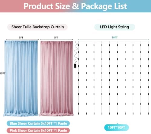 Pink Blue Sheer Tulle Backdrop Curtains with Lights String for Gender Reveal Baby Shower Decorations for Boy or Girl Birthday Party Photo Shoot Backdrop Background Decorations 2 Panels 5×10ft - Image 2