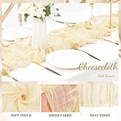 10FT 6 Pack Beige Cheesecloth Table Runner 20 x 120 Inch Long Rustic Gauze Fabric Cheese Cloth Table Runner for Wedding Bridal Baby Shower Table Decorations Boho Sheer Birthday Party Table Decor - Image 3