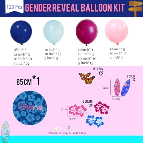 Hot Pink Blue Pink Balloon Garland Kit with Hawaii Ohana theme backdrop plam Hawaii card stickers for Summer Tropical aloha cartoon birthday party gender reveal Baby shower decorations - Image 6