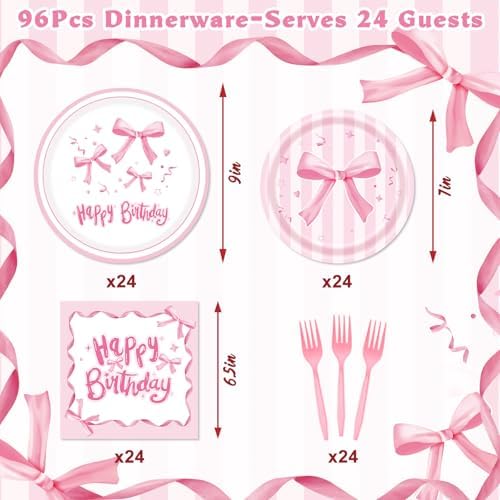 REDWORD Pink Bow Birthday Decorations, 96Pcs Bow Party Tableware Plates Napkins Forks for Pink Birthday Girls Bachelorette Party Decorations-Serves 24 - Image 2