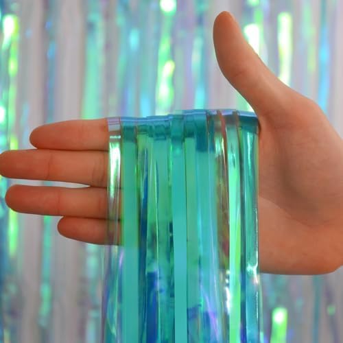 Melsan Iridescent Blue Fringe Backdrop Party Streamer Decorations - 3.2 x 6.5 ft Tinsel Backdrop Foil Curtains for Gender Reveal Under The Sea Ocean Theme Birthdays Parties - 2 Packs - Image 2
