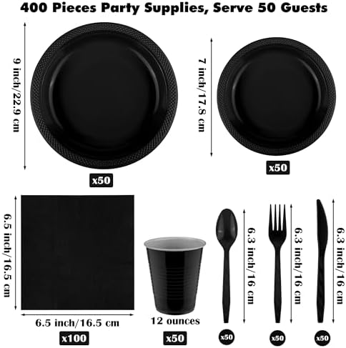 Aodaer 400 Pieces Black Party Supplies Disposable Dinnerware Set Include Plastic Plates Cups Knives Forks Spoons Paper Napkins for Birthday Wedding Graduation Parties, Serve 50 Guests - Image 2