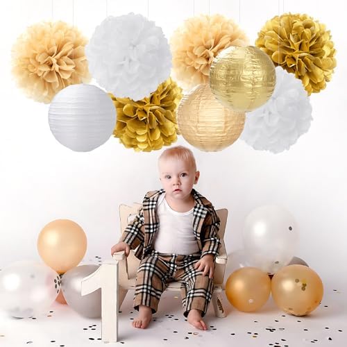 White Gold Party-Decorations Paper Flowers Lanterns - 15PCS Engagement Birthday Graduation Wedding Tissue Pom Poms Streamers,Neutral Bachelorette Baby Bridal Shower Hanging Supplies Decor Hugfond - Image 4