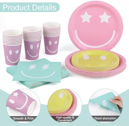 Kochorie 96 Piece Preppy Smiley Face Party Paper Plates Preppy Smile Face Party Decorations Preppy Tableware Set Paper Smile Face Plates Cups Napkins Cutlery Serve 24 Guest for Birthday or Baby Shower - Image 3