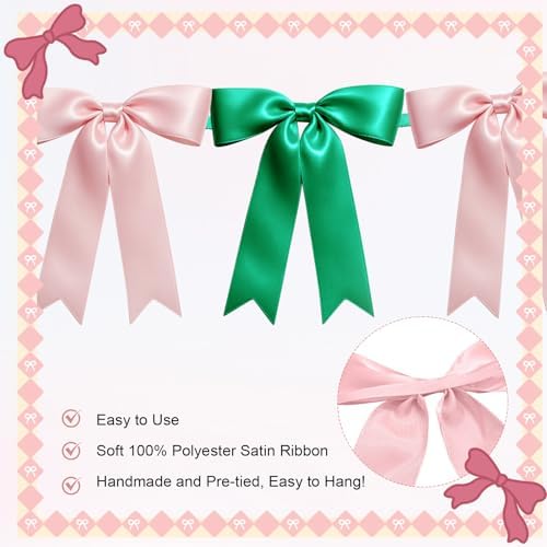 1 String of 8PCS Pink&Green Bow Garland Banner Wicked Party Decoration,Pre-Strung Satin Ribbon Ornaments for Birthday,Bachelorette Party,Wedding,Engagement,Baby Shower,Graduation Decor,Anniversary - Image 3