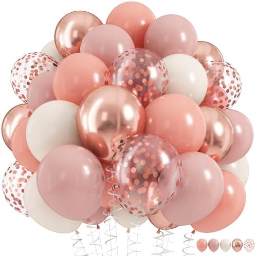 Dusty Pink Balloon Set, 60Pcs 12 Inch Retro Blush Pink White Sand Nude Latex Balloon with Metallic Confetti Rose Pink Helium Balloon for Girls Women Birthday Party Baby Shower Boho Decoration Supplies by HILAVO