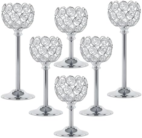 Crystal Candle Holders 2 Set of 6 - Sliver Vintage Hollow Ball Candle Stand for Table Centerpiece, Crystal Metal Tealight Candlestick for Wedding, Dining Room Decor by Unknown