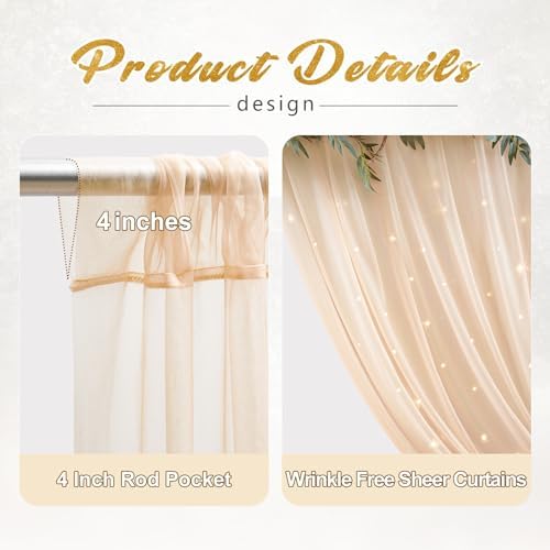 20x8ft Champagne Tulle Backdrop Curtain with Lights String for Parites, Sheer Photo Backdrop Curtains with Lights for Wedding Backdrop Ceremony Reception Bridal Shower Baby Shower Birthday Party - Image 2