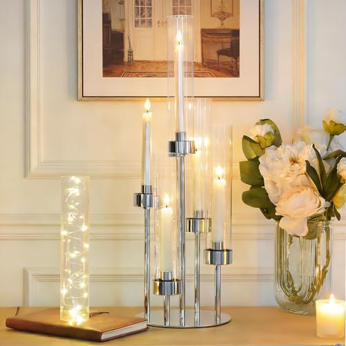 2 Pcs 5-Arm Silver Metal Table Candelabra Centerpiece, 22" Tall Clear Candlesticks Holder with Shade for Valentines Day Events Party Table Centerpiece,Fit LED Candles - Image 4