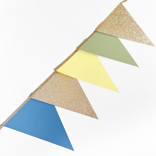 Champagne Gold Dusty Blue Sage Green Yellow Pennant Banner Flag Olive Green Macaron Yellow Blue Hanging Glitter Paper Triangle Bunting for Birthday Wedding Shower Hen Party Decorations Supplies - Image 5