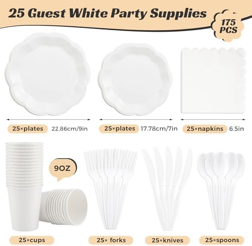 175 Pcs White Plates and Napkins Set White Party Supplies Serve 25 Guest - Image 2