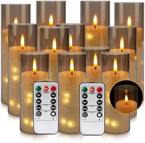 12-Pack Gray Acrylic Flameless LED Candles with Embedded String Lights - Remote Control for Holiday & Home Decor,Wedding. by CAKETYCG