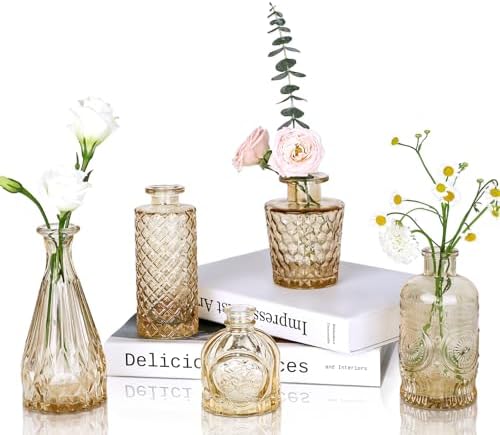 UPBUD Amber Gold Glass Bud Vases Set of 5, Small Vases for Flowers by UPBUD
