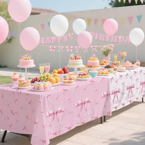 Pink Bow Happy Birthday Decorations Set for 24: Bachelorette Party Supplies Kit with Dinner & Dessert Plates, Napkins, Cups, Banner, Tablecloth - for Women's Tea Birthday Party Decorations - Image 6