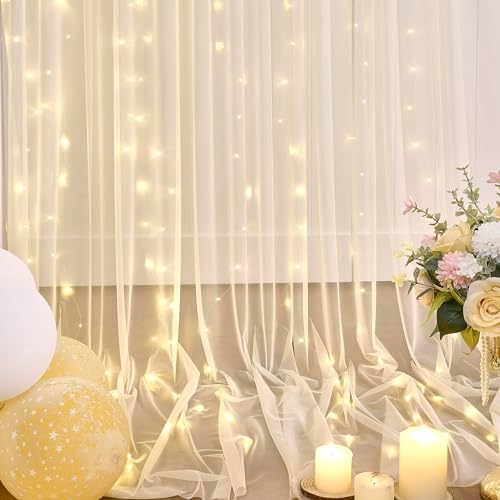 Champagne Tulle Backdrop Curtain with Lights String for Parites Wedding 5x8ft Champagne Sheer Backdrop Curtains for Bridal Shower Baby Shower Birthday Party Photo Booth Background Decorations - Image 6