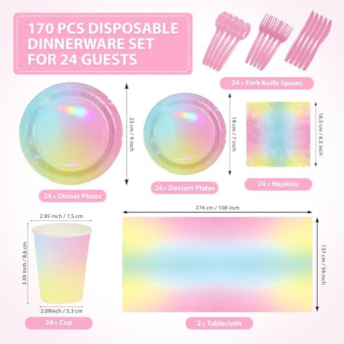 170pcs Pastel Rainbow Birthday Party Decorations Glitter Unicorn Serves 24 - Image 2