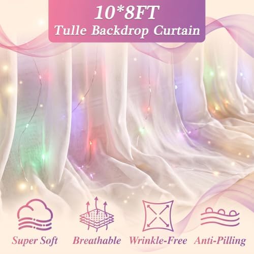 Ledido 10×8ft White Tulle Backdrop Curtains with RGB Lights, 2 Panels 5×8ft - Image 3