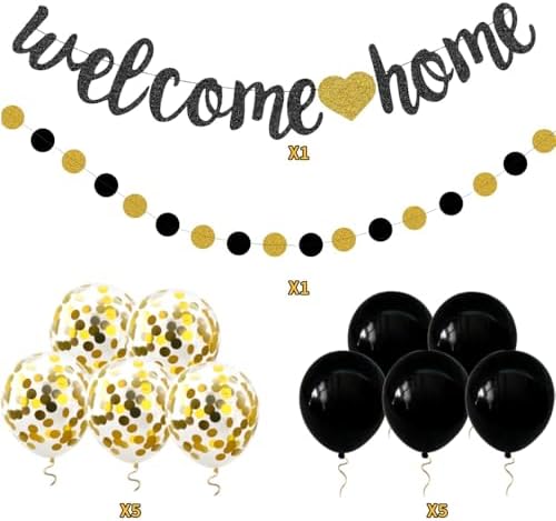 Welcome Home Decorations Set Glittery Black Gold Welcome Home Banner+2M Preassembled Circle Dots Garland+10pcs Balloons for Housewarming Deployment Come Back Home Parties Decor - Image 3