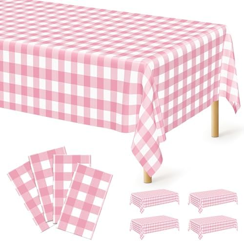 4Pack Pink Table Cloth, 54" x 108" Plastic Table Cloth Disposable, Waterproof Picnic Table Cover Checkered Rectangle Tablecloths for Indoor Outdoor Picnic Birthday Party Supplies Gathering BBQ Holiday by QZYL