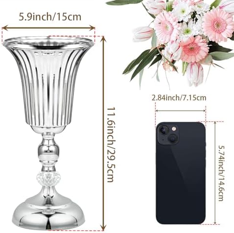 2PCS Silver Metal Flower Trumpet Stripe Vases Crystal Table Centerpieces Artificial Flower Arrangements for Anniversary Celebration/Wedding/Party/Birthday Event Aisle Home Decor - Image 2