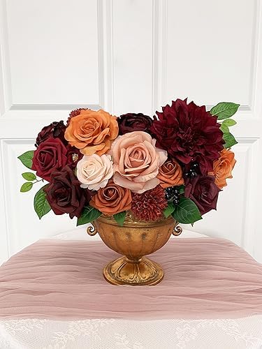 FACINOC Artificial Flowers Orange Burgundy Fake Flowers Dahlia Roses Bulk - Image 4
