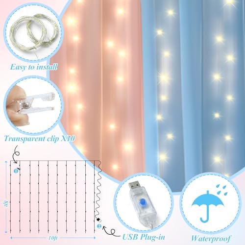 Ledido 10×8ft Pink Blue Tulle Backdrop Curtains with Light(4 Panels 5×8ft) - Image 3