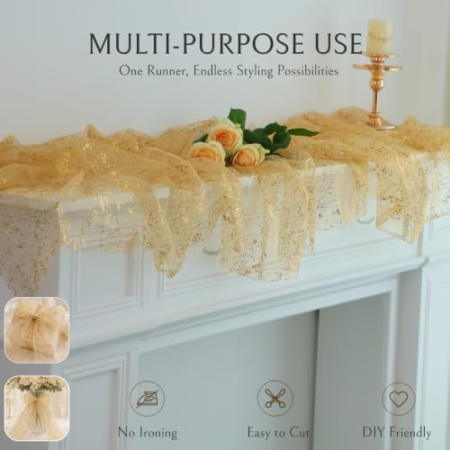 3Pcs Champagne Gold Table Runner Sparkling Metallic Foil Sheer Gauze 10ft - Image 6