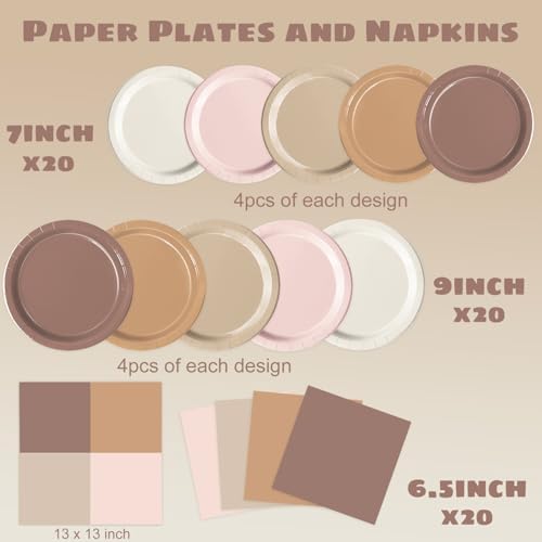 Oigco 60 PCS Brown Paper Plates Boho Baby Shower Decorations Gradient Brown Plates and Napkins for Birthday Wedding Boho Baby Shower Bridal Shower Party Supplies - Image 2