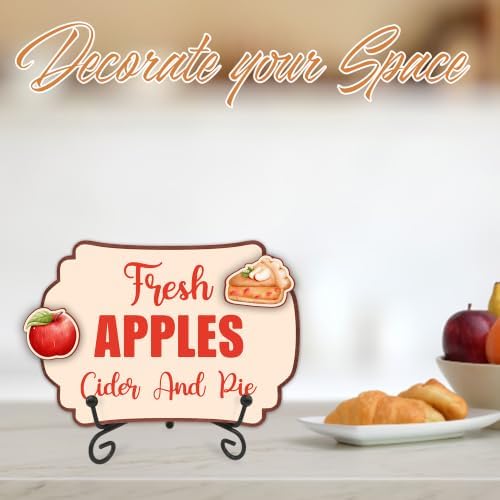 Fall Table Sign 5x7 Inch Seasonal Autumn Decor, Rustic Party Centerpiece with Metal Stand & 2 DIY Stickable Wood Decor, Fresh Apples Cider And Pie Table Decoration for Home & Party Display - B02 - Image 3