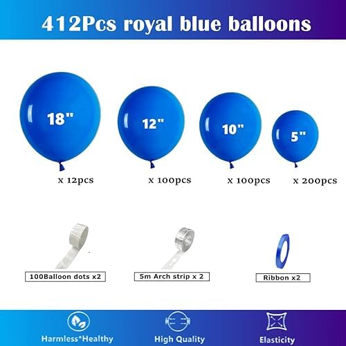 412pcs Royal Blue Balloons 18 12 10 5 Inch Blue Balloon Garland Arch Kit Different Sizes Matte Latex Balloons for Baby Shower Birthday Wedding Party Decorations - Image 2