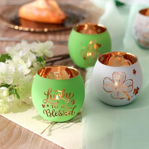 SHMILMH St. Patrick's Day Candle Holders 6PCS St Patricks Day Shamrocks Decorations for Table Centerpiece, Glass Votive Tealight Holders for Home Decor Party Decorations - Image 2