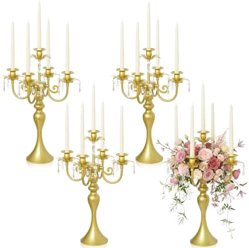 20.3'' Tall 5 Arm Silver Candelabra Centerpiece for Table, Metal Candelabra Candle Holder, Retro Candelabra Table Centerpieces for Party, Events, Home, Wedding Decor (4, Pure Gold, 5 arm) by KOLNLALA