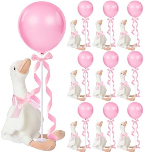 Chunful 10 Set Pink One Silly Goose 1st Birthday Decoration 11.8 Inch Soft Goose Stuffed Animal Baby Shower Centerpieces Swan Stuffed Animal with Balloon Table Decor for Wedding Gift Party Favor by Chunful