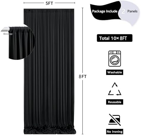 10 ft x 8 ft Wrinkle Free Black Backdrop Curtain for Parties, Polyester Black Photo Backdrop Drapes for Graduation Birthday Wedding Party Stage Curtains, Background Curtains for Backdrop Stand - Image 5
