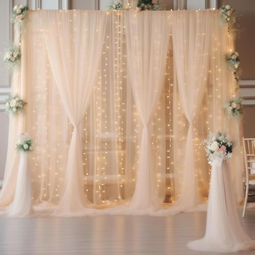 30ft x 10ft Champagne Tulle Backdrop Curtain with Lights String for Parties, Sheer Wedding Photo Backdrops Drapes for Baby Shower Birthday Party Decorations Background for Photography by Shillance
