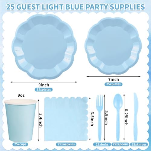 175 Pcs Light Blue Plates and Napkins Blue Party Supplies Serve 25 Guest - Image 2