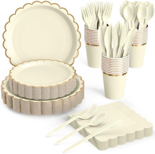 Pureegg Beige Disposable Paper Plates Set Serves 25 Guests Party Supplies by Pureegg