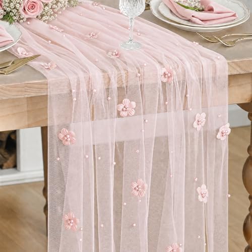 Artoid Mode Pink Flower Pearl Pink Gauze Table Runner 10FT, Seasonal Sheer Dining Holiday Wedding Birthday Baby Shower Table Decor for Home Party by ArtoidMode