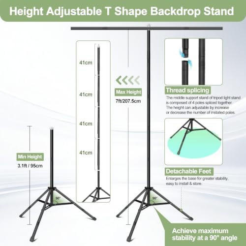 Green Screen Backdrop Kit with Stand for Streaming, 5x7ft Photo Greenscreen Background with Portable T-Shape Stand and 5 Clamps for Photography Photoshoot, Studio Video Recording - Image 3