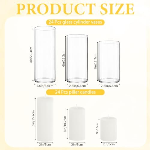 24-Pack White Pillar Candles (2''X3,4,6) & 24-Pack Glass Cylinder Vases(2.6''X5,6,8),Hurricane Candles,Wedding Centerpiece Decor Set-Mixed Heights for Table, Proposal, Event. - Image 2