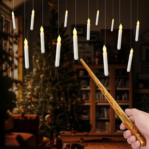 Raycare Floating Candles with Wand, 12 Pcs Magic Hanging Candles Flameless, Flickering Warm Light LED Taper Candle with Wand Remote, Battery Operated Window Candle for Halloween Witch Wizzard Decors - Image 6