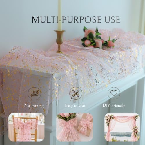 Pink and Gold Table Runner 10 Ft Metallic Foil Glittery Sheer Gauze Decor - Image 6